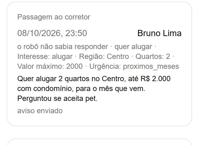 Aviso de passagem ao corretor Bruno Lima, às 23:50: quer alugar 2 quartos no Centro, até 2 mil com condomínio, para o mês que vem, e perguntou se aceita pet.